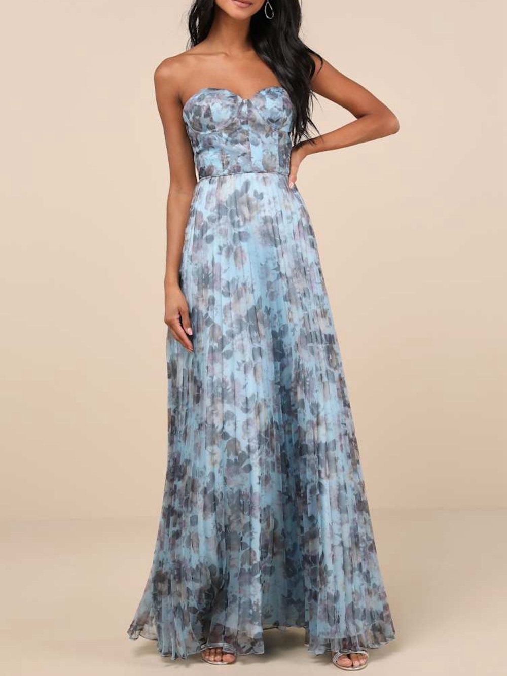 Lulu's Strapless Blue Floral Pleated Organza Gown Most Beautiful Day Maxi Dress
